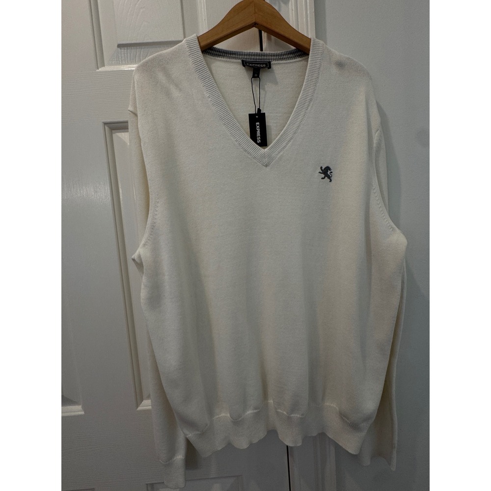 Express Mens V-Neck Cotton Sweater Off White Lion Logo XL NWT‎ 4167-112